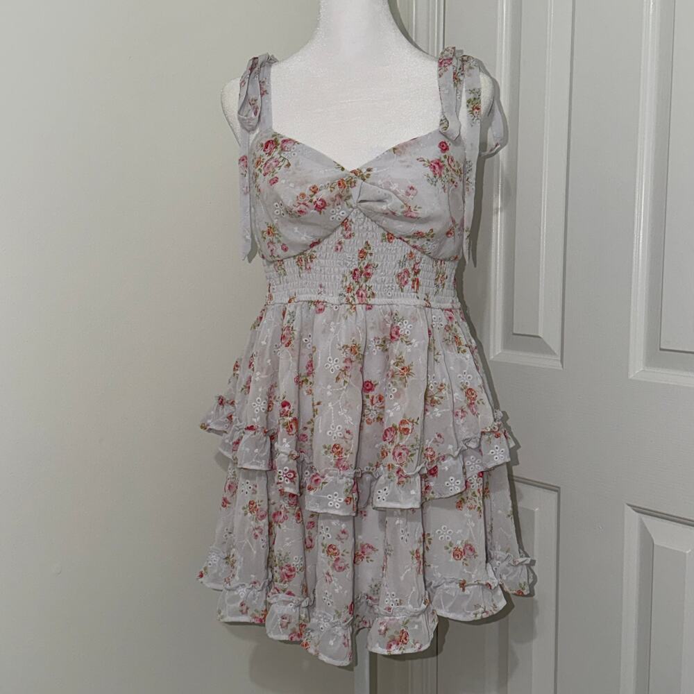 Altar'd State Floral Eyelet Tiered Mini Dress - Tie Shoulder